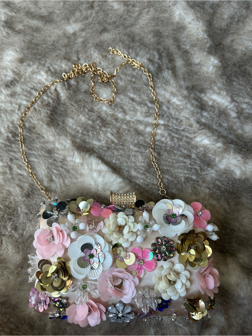 Floral Embellished Evening Clutch - Pink & Gold